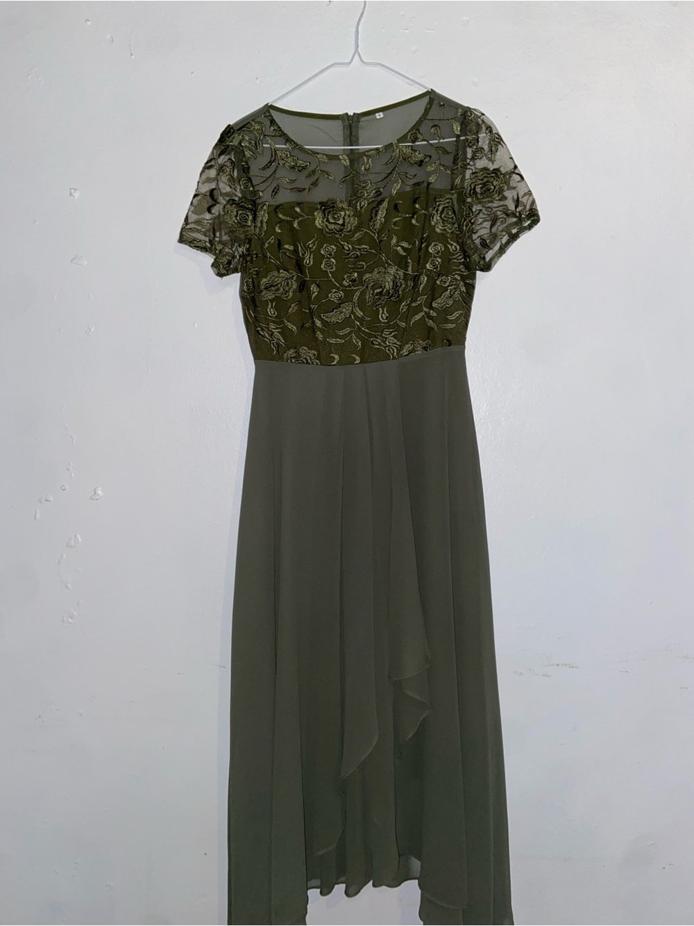 Cottagecore Fairycore Regencycore Whimsy Olive Grn Floral Lace Bodice Midi Dress